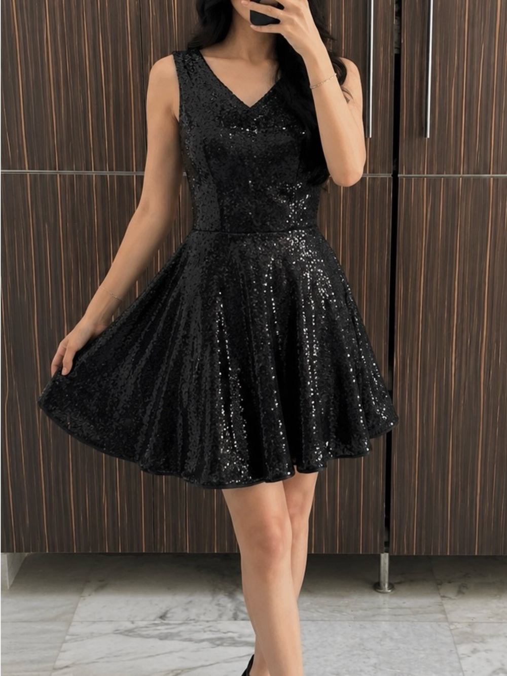 Black Sequin V-Neck Fit & Flare Dress